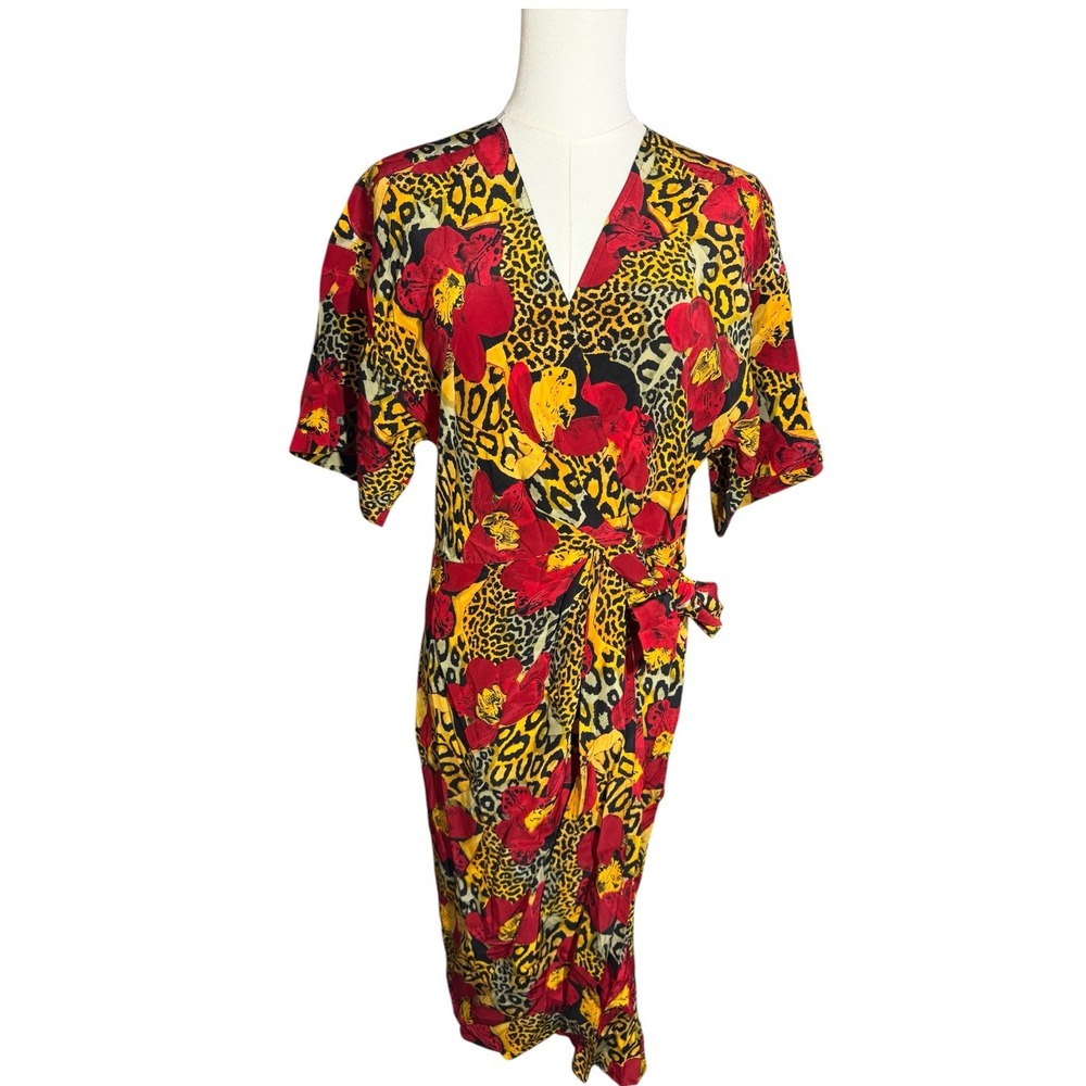 Adrianna Papell 100% SILK Vintage Cheetah Multi-Print Floral Wrap Dress